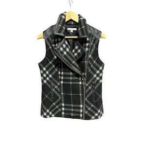 Cabi Grid Tweed Wool Blend Moto Vest Sleeveless Black Medium Zipup Womens Career